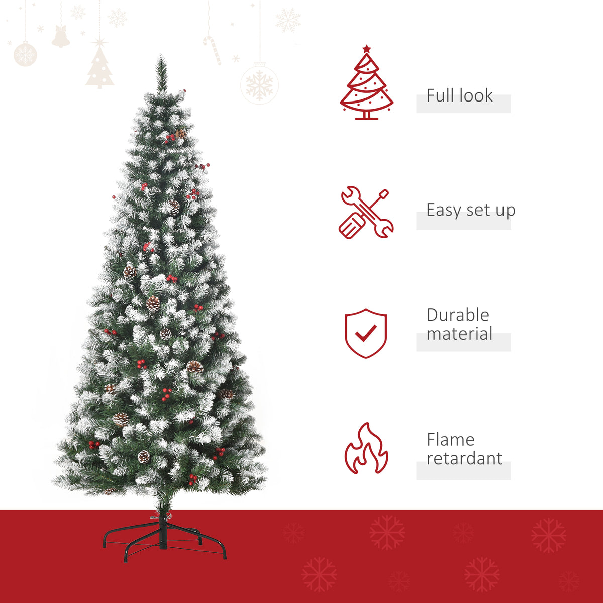 HOMCOM 6FT Artificial Christmas Tree Xmas Pencil Tree with Red Berries and Pinecones Holiday Home Indoor Decoration with Foldable Feet, Green
