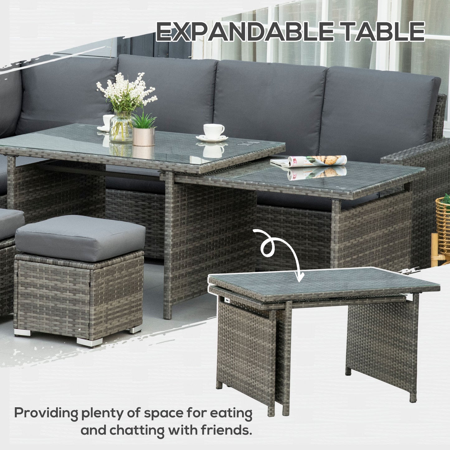 Outsunny 7-Piece Rattan Garden Sofa Set | Expanding Table, Grey