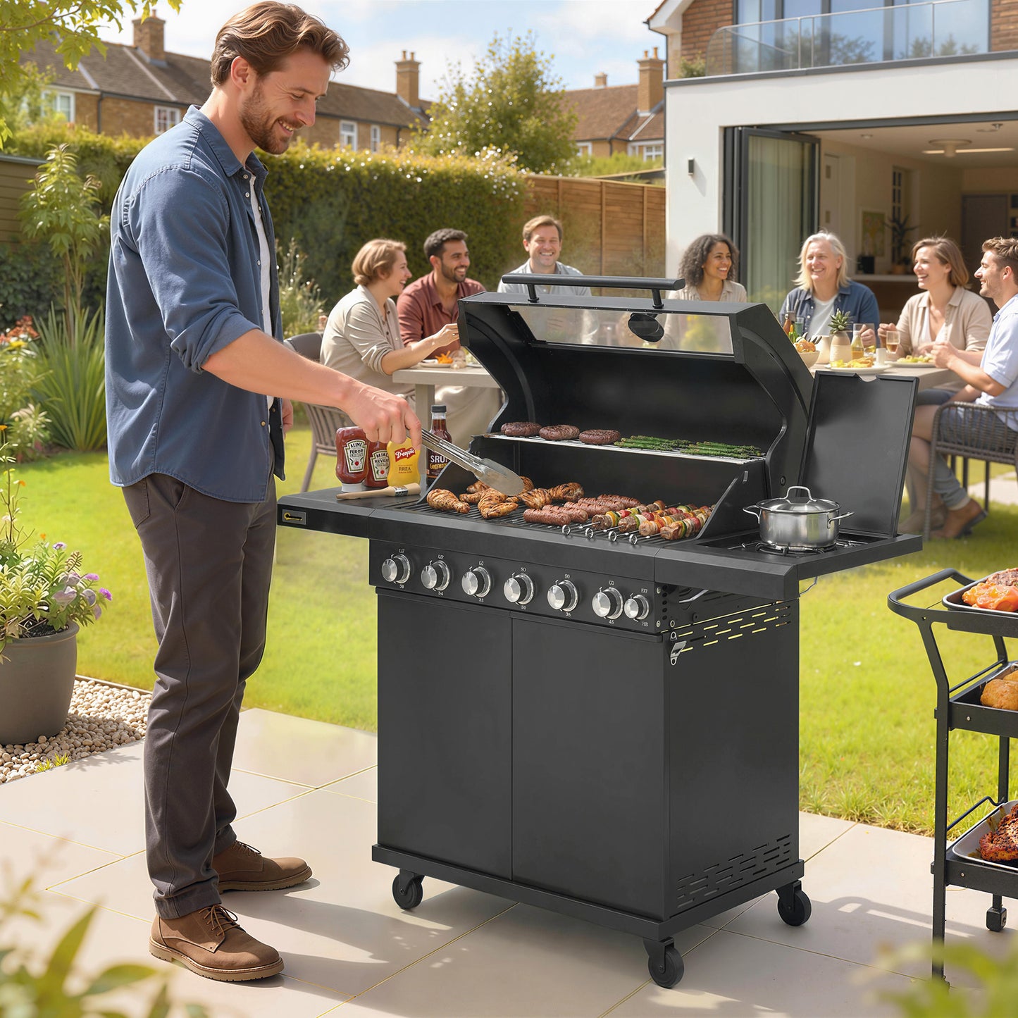 Outsunny six plus one burner gas barbecue grill in black - product view 2