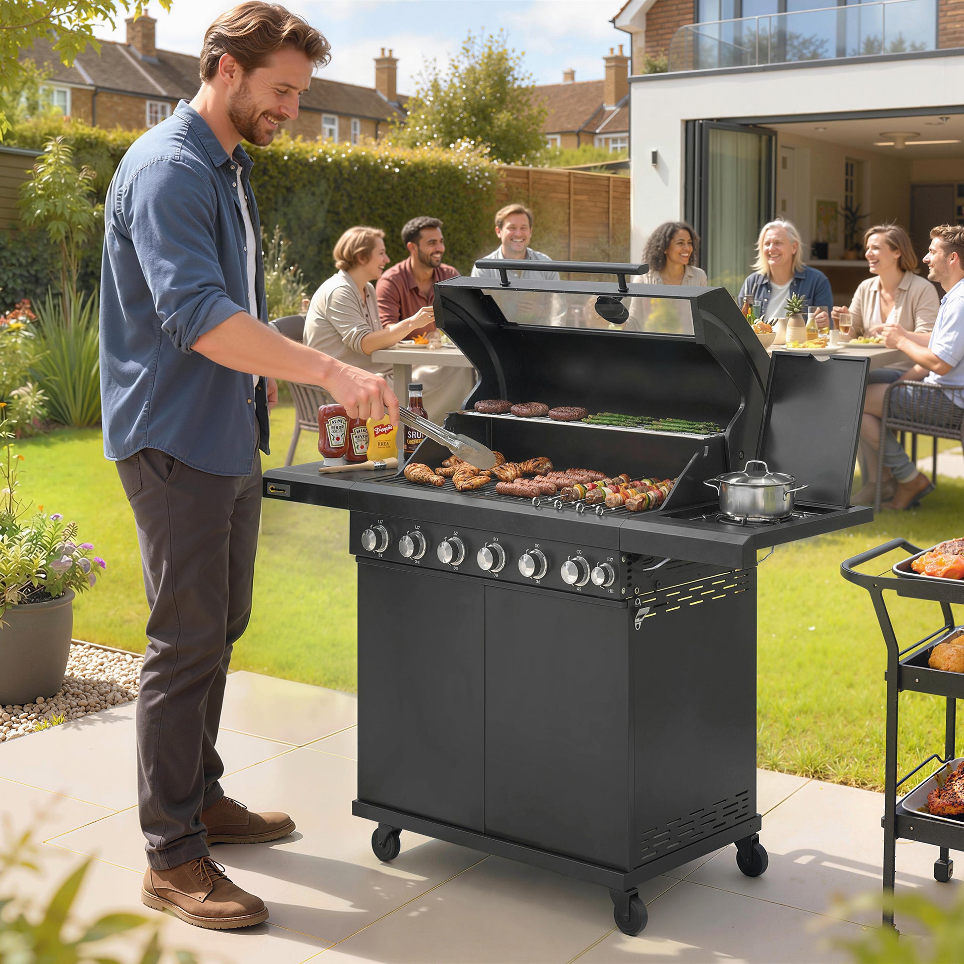 Outsunny six plus one burner gas barbecue grill in black - product view 2