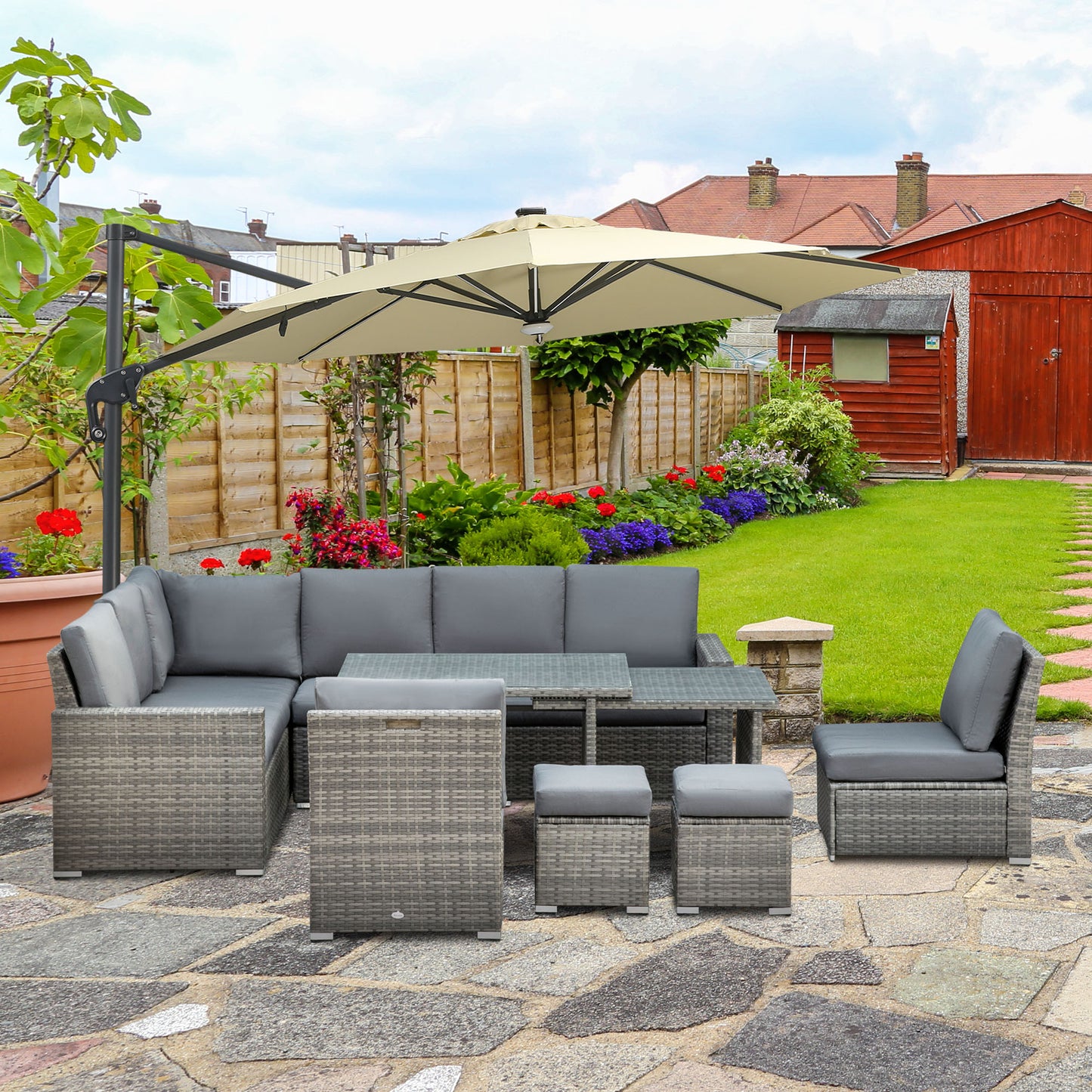 Outsunny 7-Piece Rattan Garden Sofa Set | Expanding Table, Grey