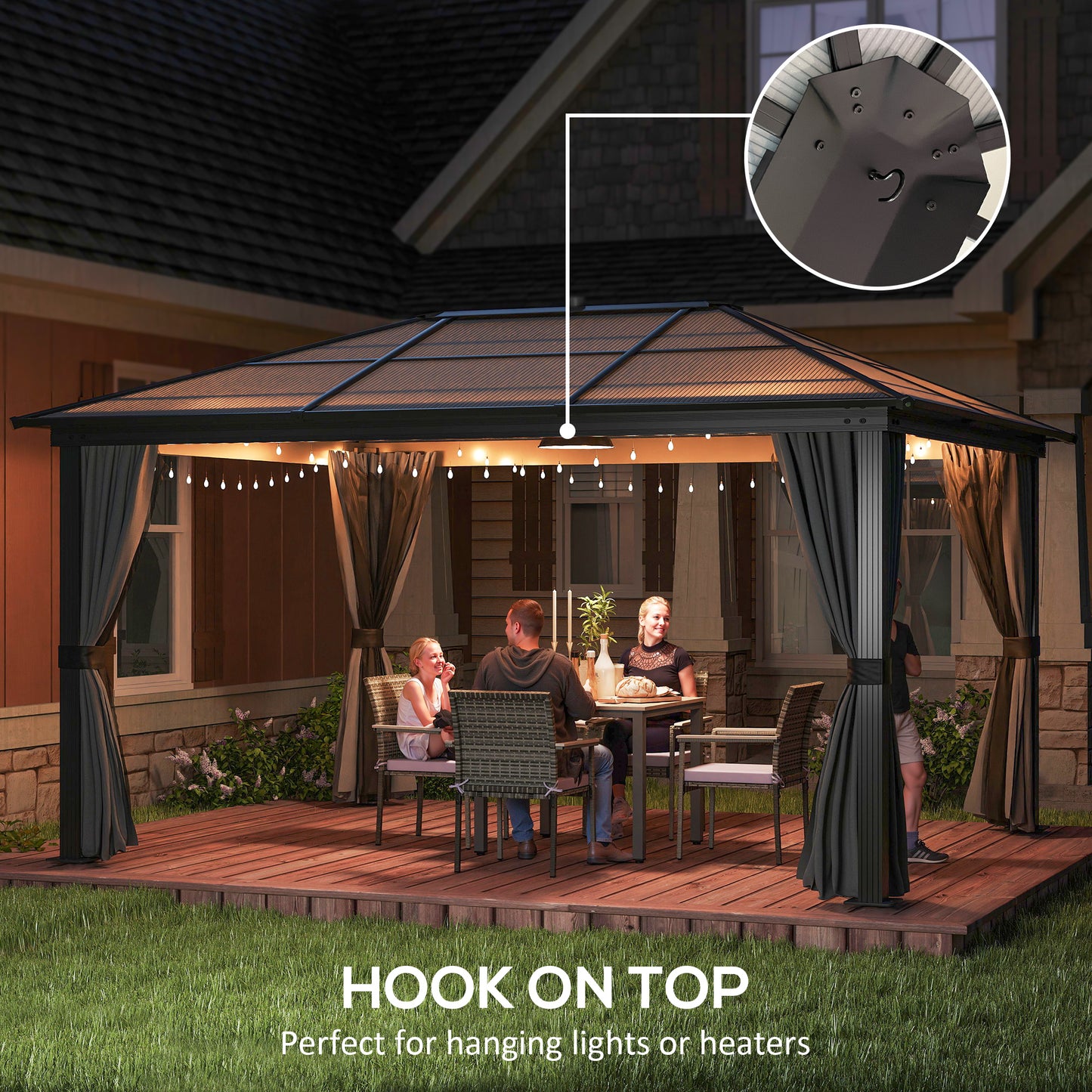 Outsunny 3.6 x 4m Hardtop Gazebo | Polycarbonate Roof, Curtains & Netting