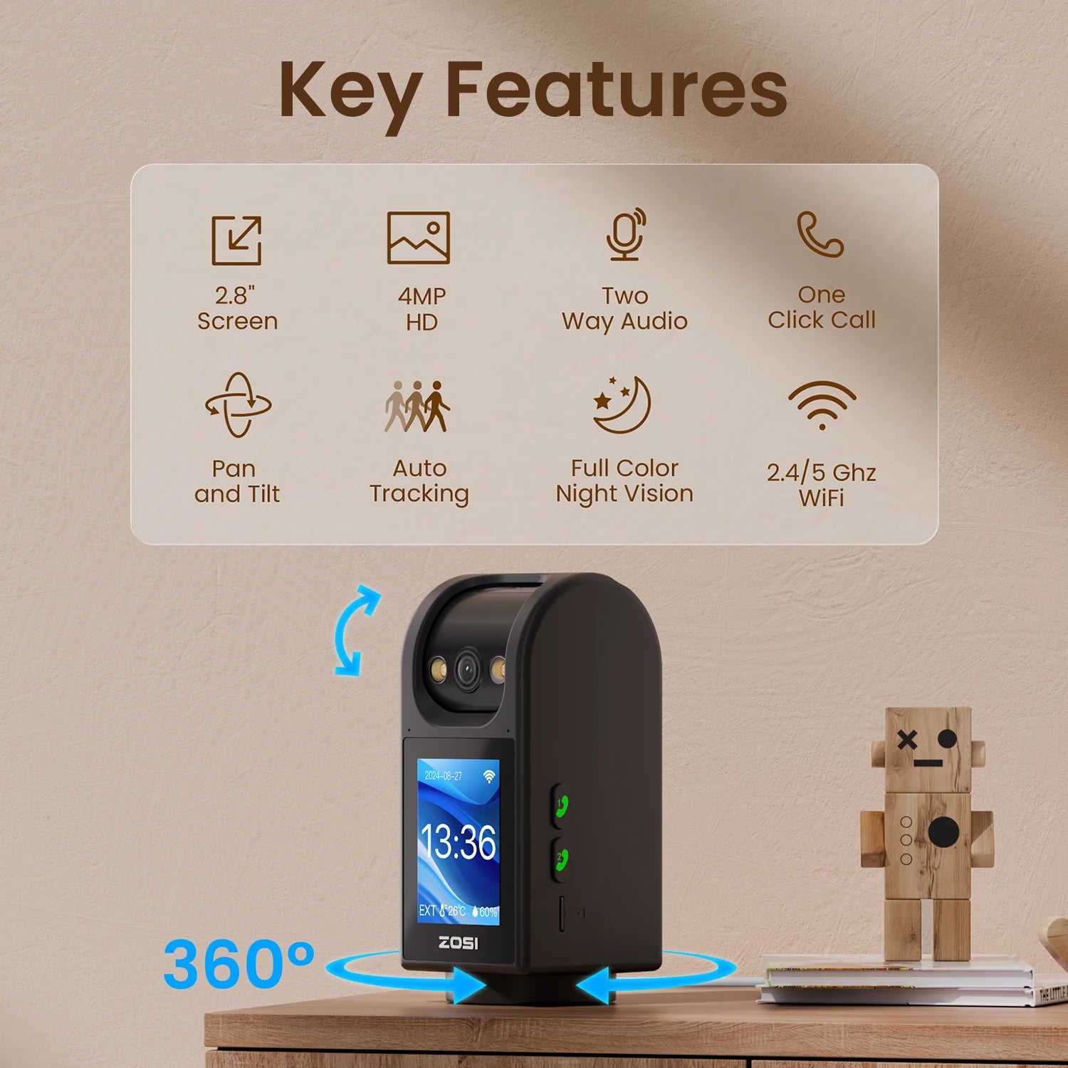 ZOSI C520M 4MP Indoor Smart Security Camera with 2.8’’ HD Screen Two-Way Video Calling 360° Pan Tilt AI Motion