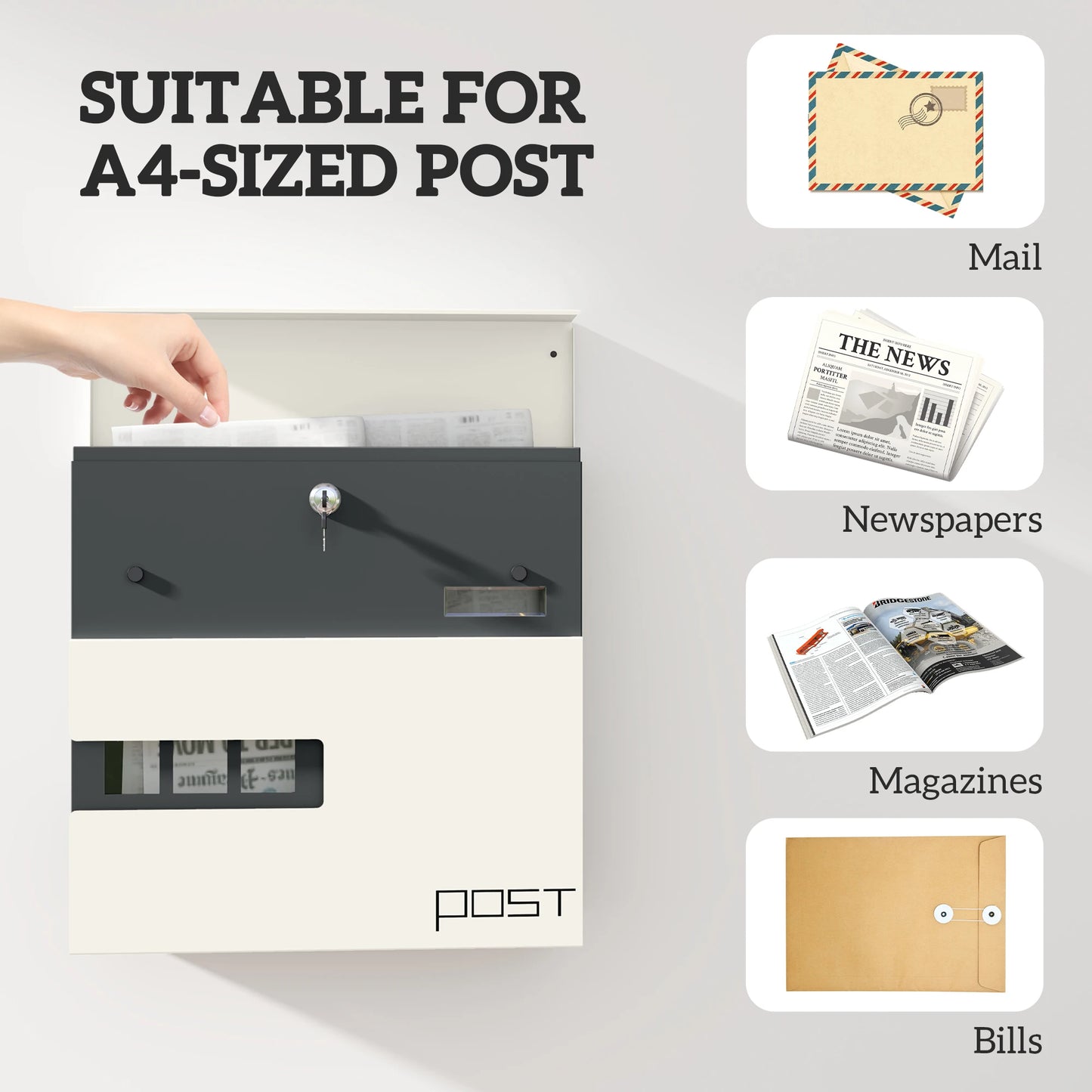 HOMCOM Wall Mounted Post Box - Modern Weatherproof Letterbox with Lock & Keys - Stainless Steel Design for UK Homes