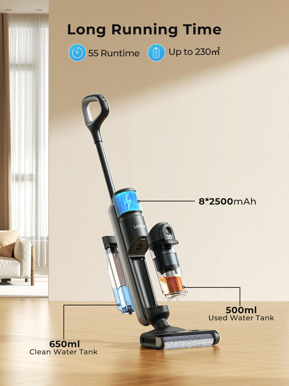 Laresar M3 Cordless Wet Dry Vacuum Cleaner Mop Edge Cleaning 55min Auto Suction Floor Washer Self-Cleaning Smart Home