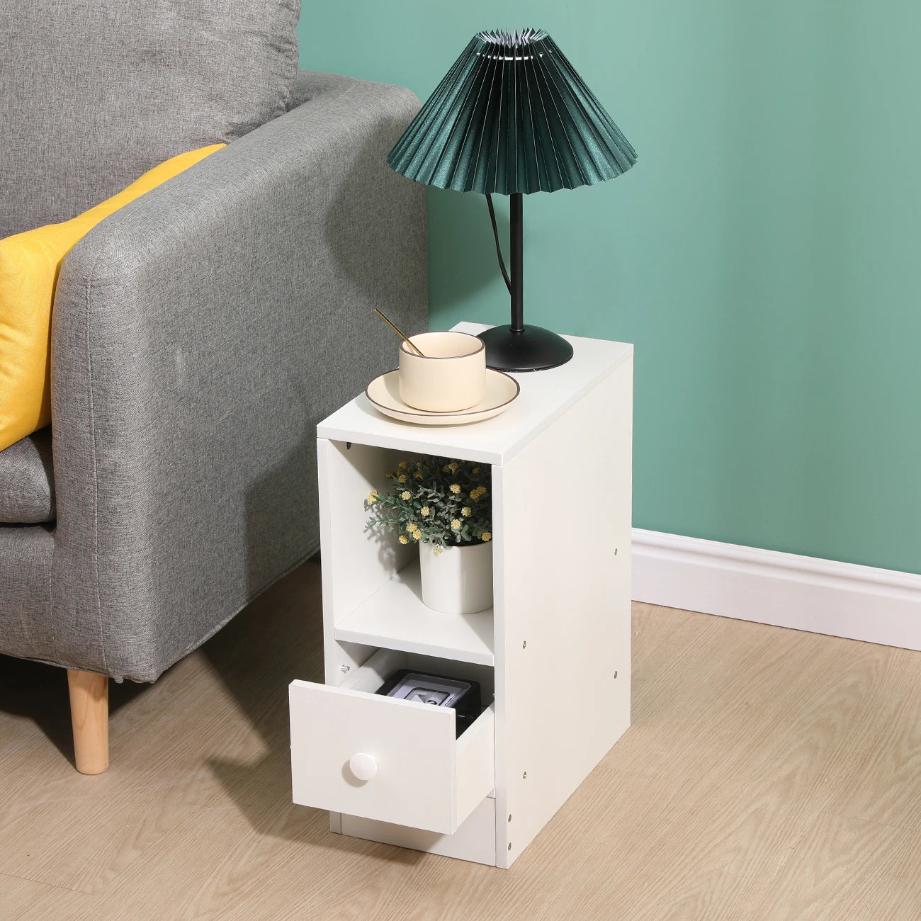 BonChoice Slim Tall Bedside Table Cabinet with Drawer & Storage Space for Bedroom, Narrow Sofa Side Table End Table