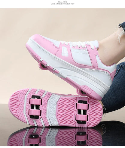 Four wheel roller shoes Boys girls walking shoes Casual outdoor sports slide and shrink school students pulleys shoes