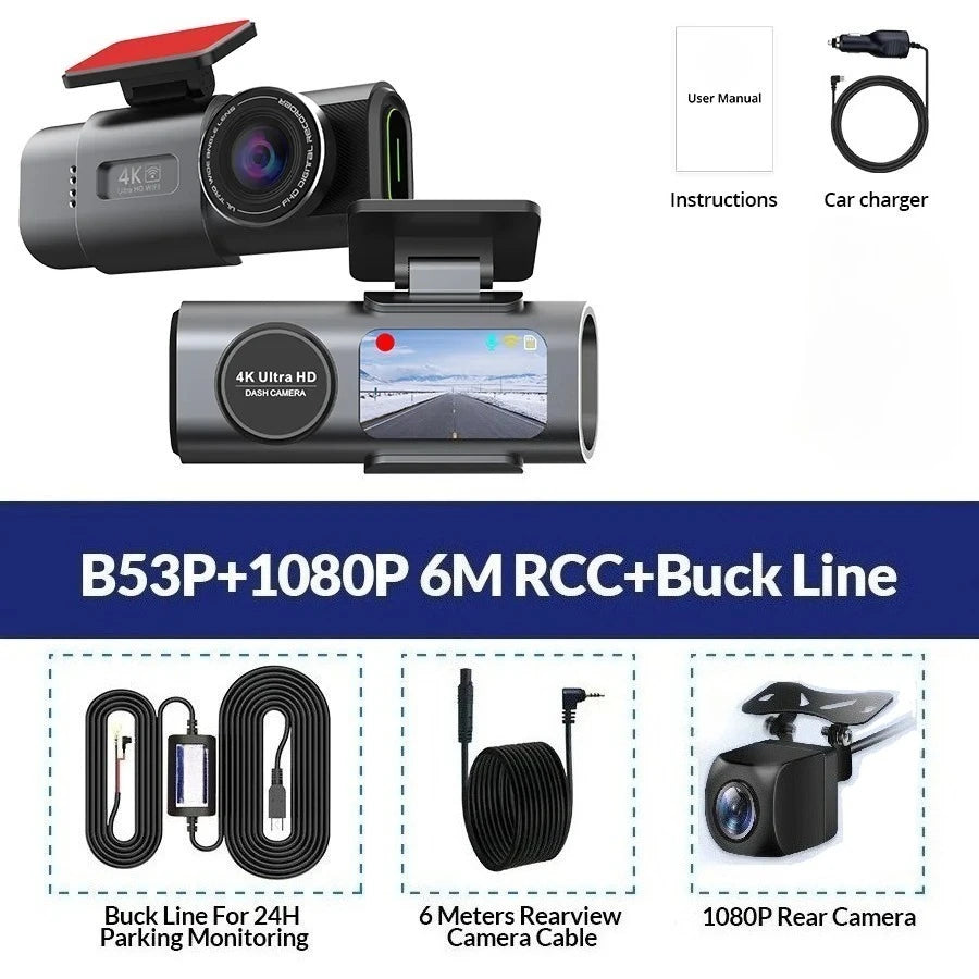 Dash Cam 4K UHD Recording Car Camera DVR Night Vision Video Recorder Built-In Wi-Fi Support GPS 24H Parking