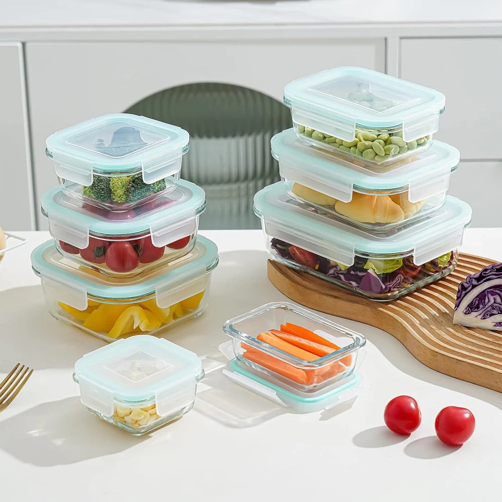 8-Pack Meal Prep Glass Containers with Airtight Lids | 4 Rectangle + 4 Square Sizes, BPA-Free, Microwave & Dishwasher Safe