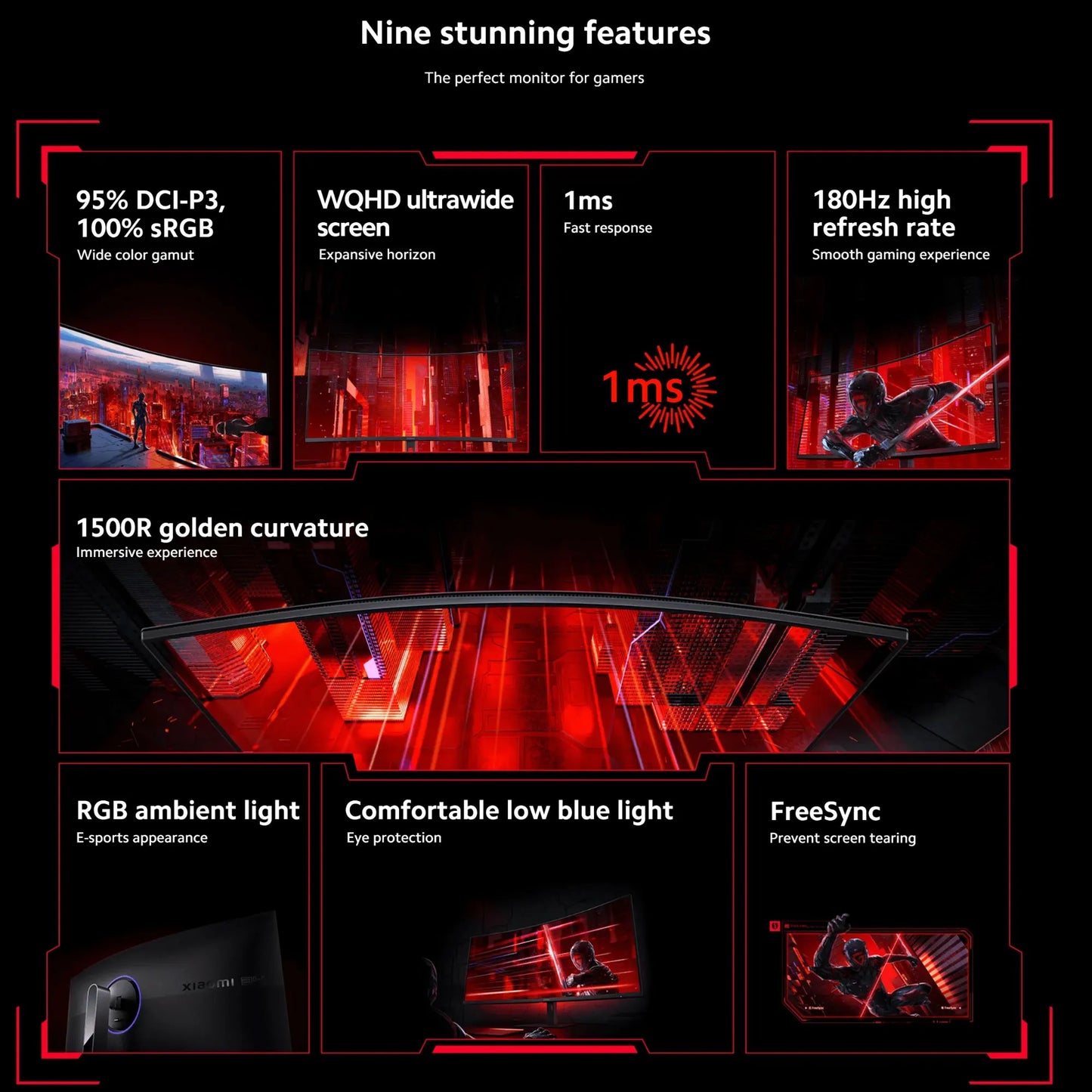 Xiaomi G34WQi 34" Ultrawide Curved Gaming Monitor | 180Hz, 1ms, 3440×1440 WQHD, 1500R, AMD FreeSync Premium — Black, UK Plug