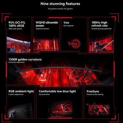 Xiaomi G34WQi 34" Ultrawide Curved Gaming Monitor | 180Hz, 1ms, 3440×1440 WQHD, 1500R, AMD FreeSync Premium — Black, UK Plug