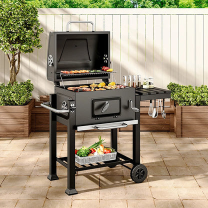 【Breeins】Charcoal Grill, Adjustable Charcoal Tray, Pull-out Ash Tray, Heavy Duty Barbecue Grill with Wheels