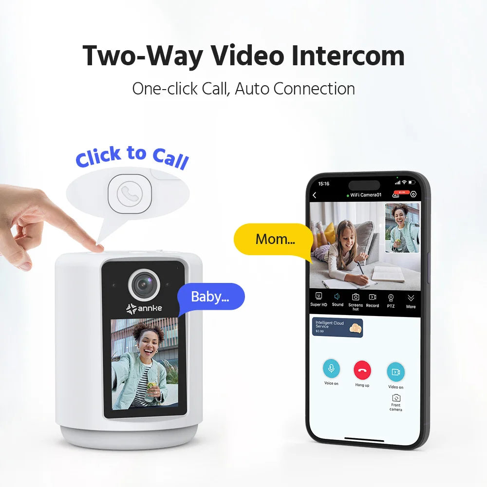 2K WiFi Indoor Security Camera with Screen | Pan & Tilt, Two-Way Video Call, Motion Detection & Night Vision