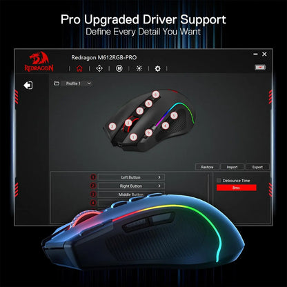 Redragon M612 PRO Wireless Gaming Mouse - 8000 DPI RGB Gaming Mouse with 11 Programmable Buttons for UK Gamers