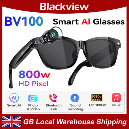 Blackview BV100 AI Smart Glasses | 8MP Camera, Bluetooth Calls, AI Translator & Voice Assistant — Sunglasses or Anti-Blue Light
