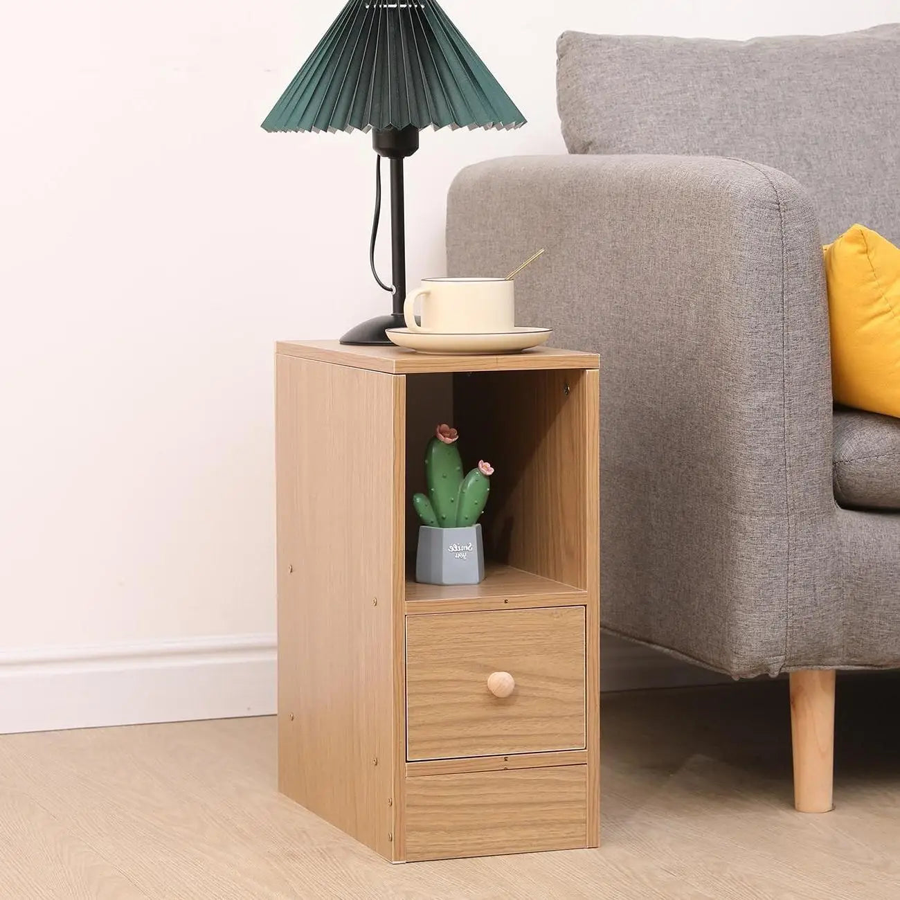 BonChoice Slim Tall Bedside Table Cabinet with Drawer & Storage Space for Bedroom, Narrow Sofa Side Table End Table
