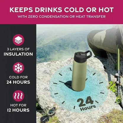 Triple Walled Insulated Water Bottles with Straw  25 Oz Stainless Steel Metal Bottle  Leak Proof Lids  Army Green
