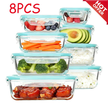 8-Pack Meal Prep Glass Containers with Airtight Lids | 4 Rectangle + 4 Square Sizes, BPA-Free, Microwave & Dishwasher Safe