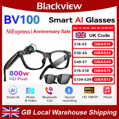Blackview BV100 AI Smart Glasses | 8MP Camera, Bluetooth Calls, AI Translator & Voice Assistant — Sunglasses or Anti-Blue Light