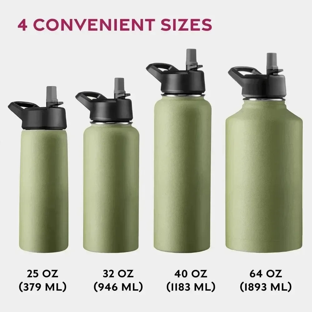 Triple Walled Insulated Water Bottles with Straw  25 Oz Stainless Steel Metal Bottle  Leak Proof Lids  Army Green