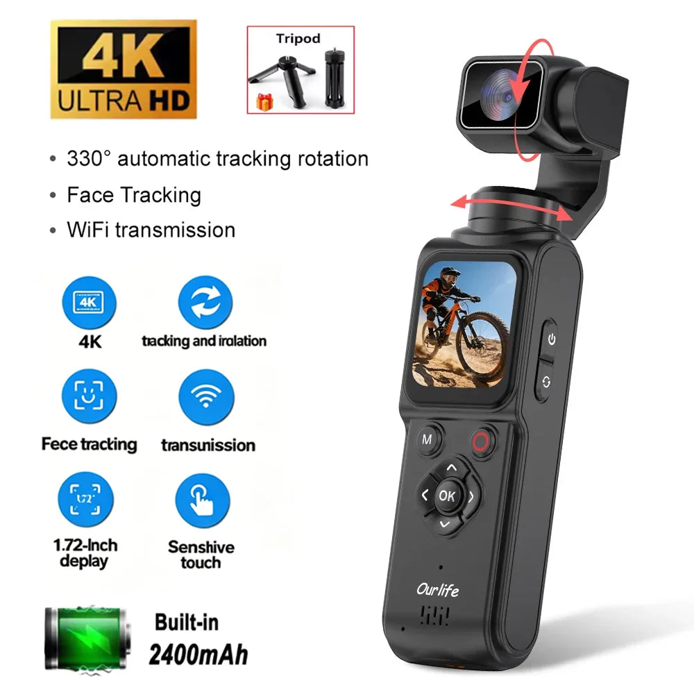 4K Pocket Gimbal Vlogging Camera | 330° Auto-Tracking, 18x Zoom, WiFi, 2400mAh, 30m Waterproof — Black or White
