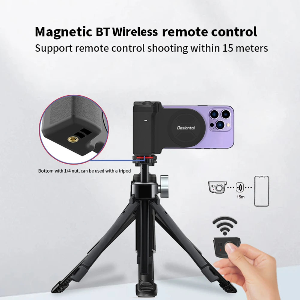 Magnetic Selfie Phone Tripod Mount with Bluetooth Detachable Remote – Anti-Shake Tripod Grip Holder & Camera Handle for iPhone & Android | TikTok Video & Vlogging Stabiliser