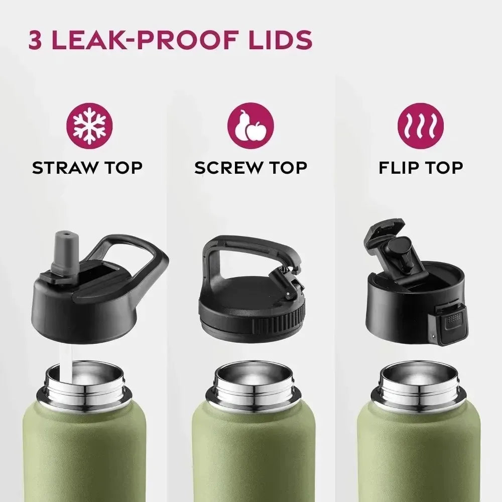 Triple Walled Insulated Water Bottles with Straw  25 Oz Stainless Steel Metal Bottle  Leak Proof Lids  Army Green