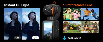 4K Portable Vlog Camera | 180° Rotatable Lens, 1.9" HD Screen, Built-in Fill Light & 2000mAh Battery — Black / White