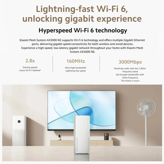 Xiaomi AX3000 NE WiFi 6 Mesh Router System | Dual-Band 3000Mbps, NFC, IPTV, App Control — White