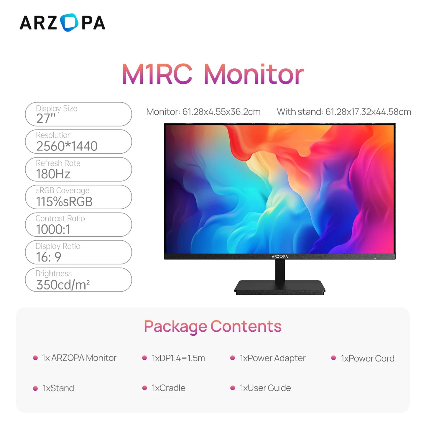 Arzopa M1RC 27" QHD 180Hz Fast IPS Gaming Monitor | 2560x1440, 1ms, G-Sync & FreeSync, HDMI 2.0, DP 1.4, Type-C