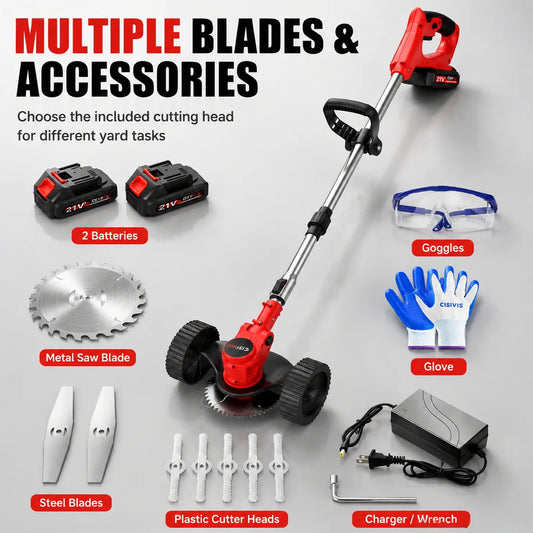 3-in-1 Cordless Grass Trimmer & Strimmer | 800W, 2×24V 6000mAh Batteries, Wheels, 90° Swivel, 3 Blades, UK Plug