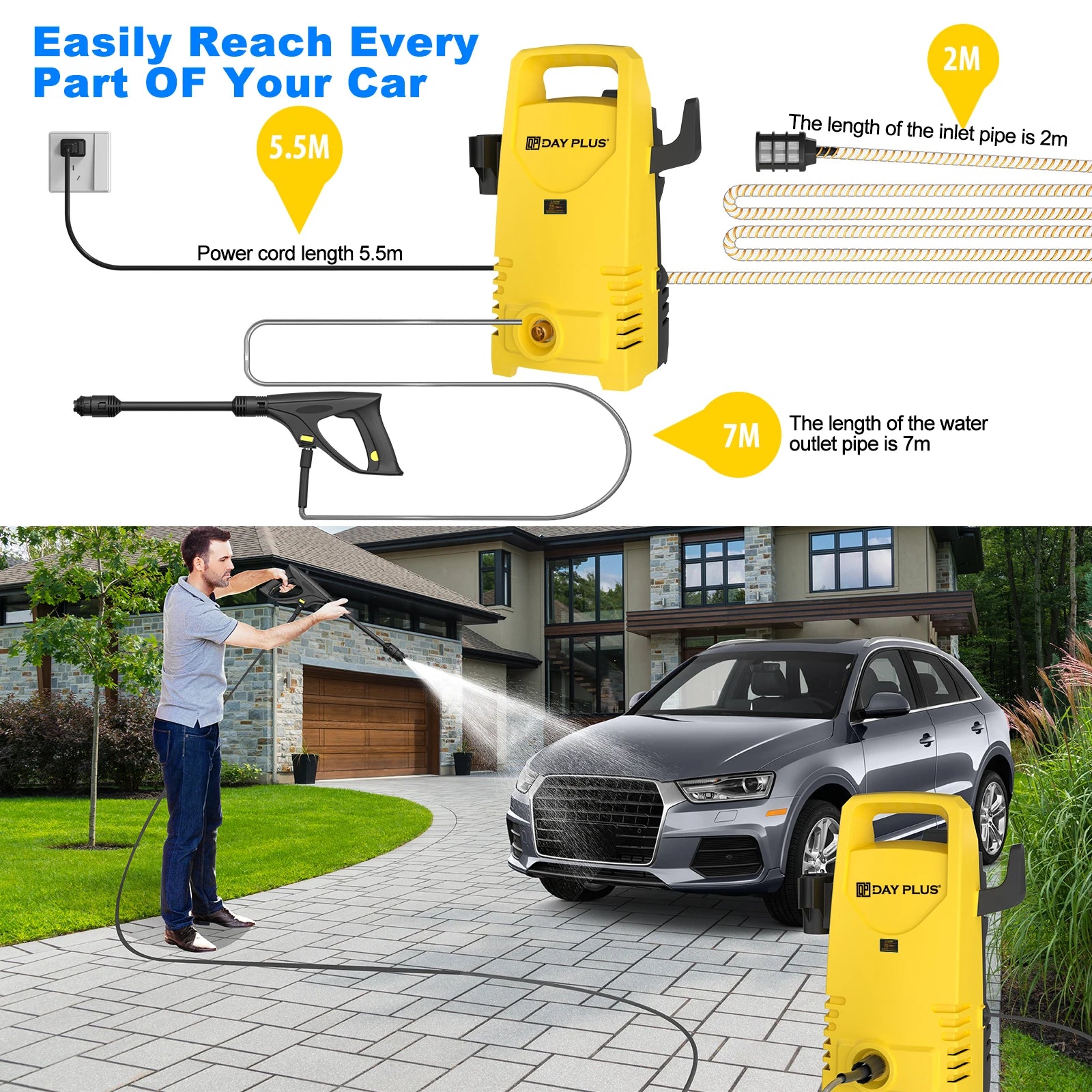 1800W Portable Electric Pressure Washer – 5000PSI Jet Cleaner with Adjustable 3-in-1 Nozzle for Car Patio Driveway