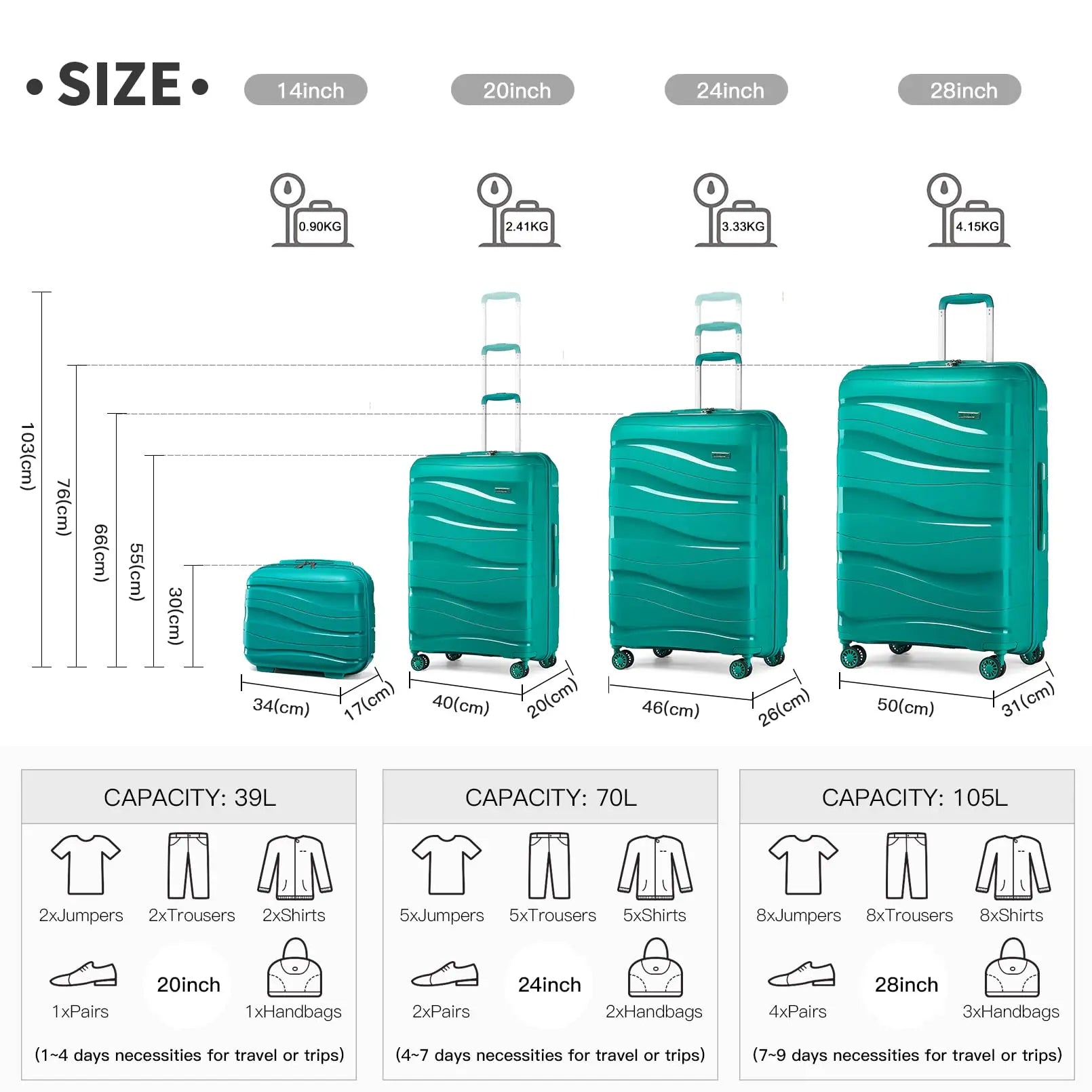 Kono 4-Piece Lightweight Polypropylene Hard Shell Luggage Set – TSA Locks & Spinner Wheels (14’’/20’’/24’’/28’’)