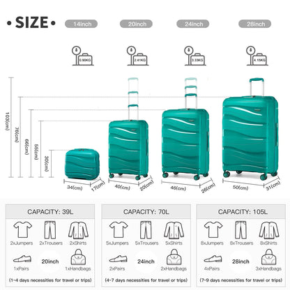 Kono 4-Piece Lightweight Polypropylene Hard Shell Luggage Set – TSA Locks & Spinner Wheels (14’’/20’’/24’’/28’’)