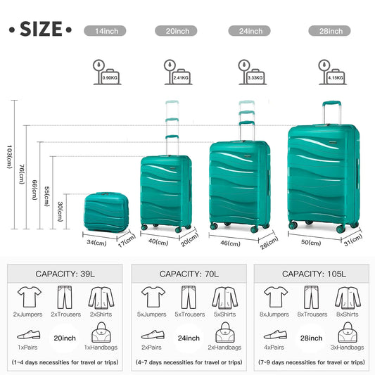 Kono 4-Piece Lightweight Polypropylene Hard Shell Luggage Set – TSA Locks & Spinner Wheels (14’’/20’’/24’’/28’’)