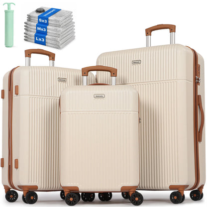 3-Piece ABS Hardshell Luggage Set | 21"+24"+28", TSA Lock, 4 Spinner Wheels, Telescopic Handle — Pink, Grey, Black, Blue or White