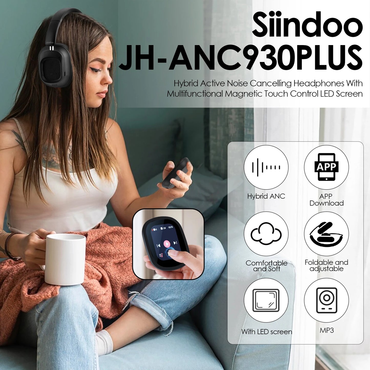 Siindoo JH-ANC930Plus Hybrid Wireless Headphone Active Noise Cancelling Headphones With Multi Magnetic Touch Control