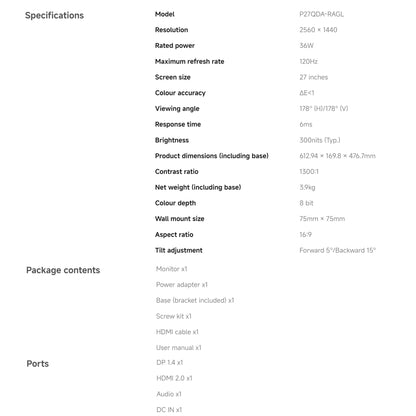 Xiaomi A27Qi 2026 27" 2K IPS Monitor | 2560×1440, 120Hz, 6ms, DC Dimming, 178° View — UK Plug
