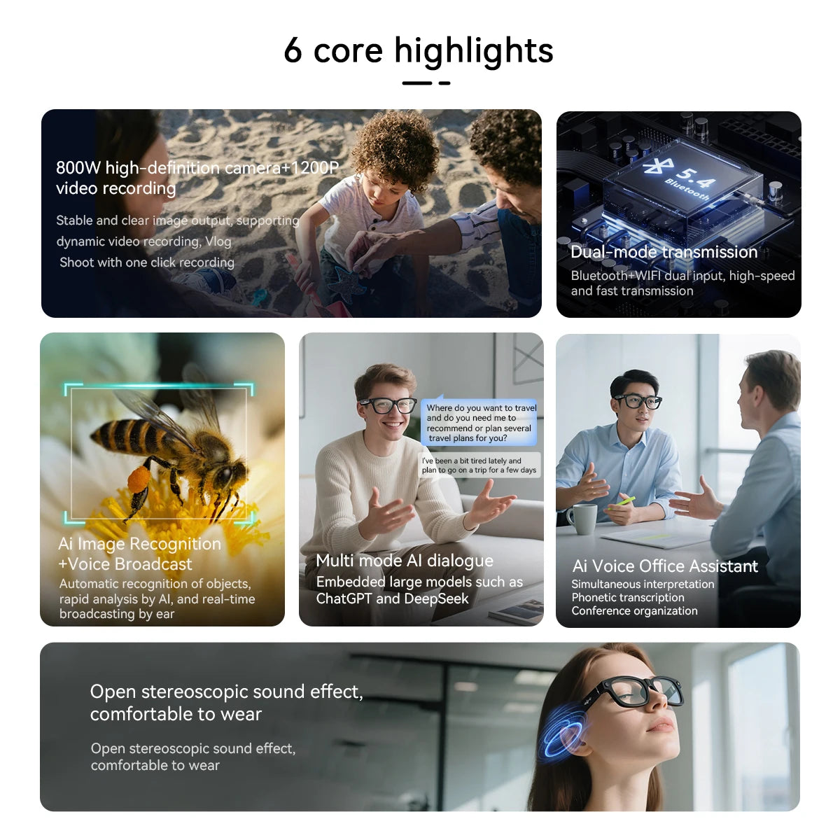 Blackview BV100 AI Smart Glasses | 8MP Camera, Bluetooth Calls, AI Translator & Voice Assistant — Sunglasses or Anti-Blue Light