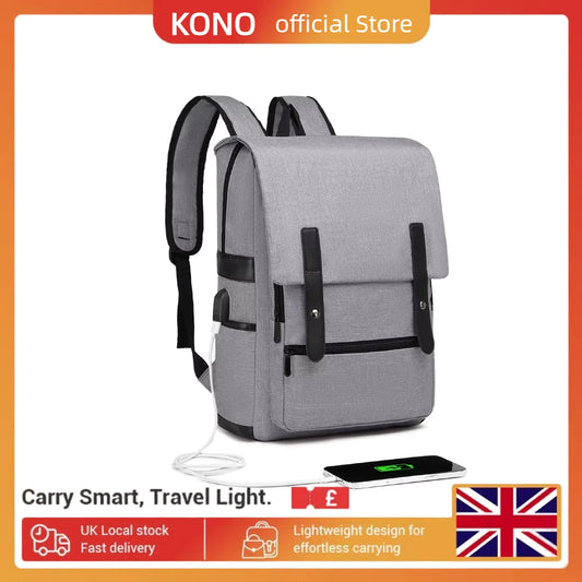 Gray backpack with USB port on a white background, featuring KONO branding.