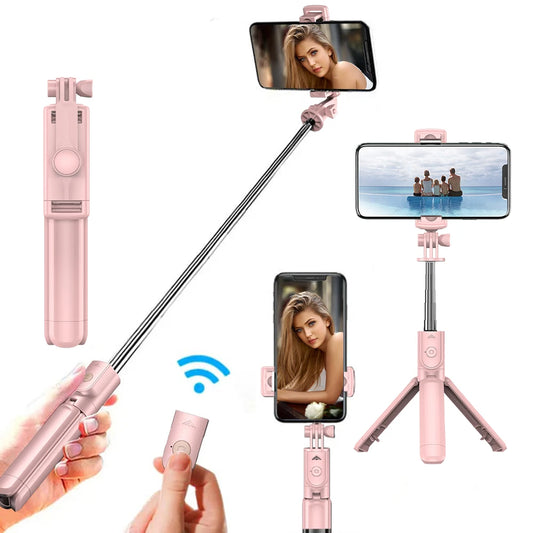 Wireless Selfie Stick Tripod Stand with Detachable Remote for iPhone Mobile Phone Tiktok Live Streaming - Pink
