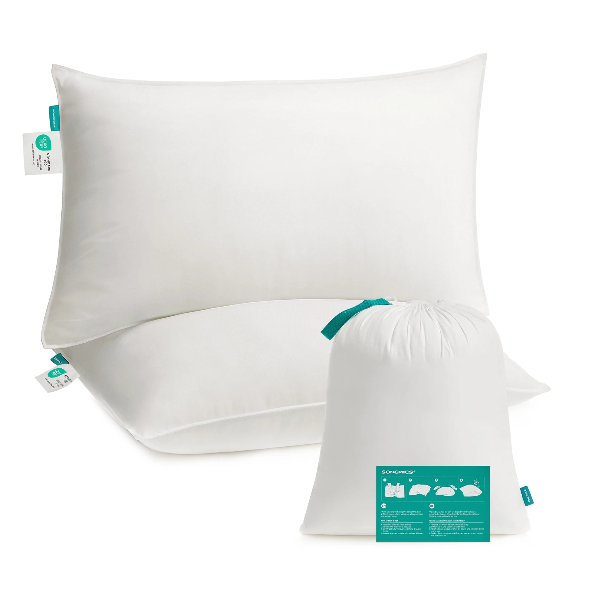 SONGMICS Bed Pillows 74 x 48 cm – 800g Filling – Soft Brushed Polyester – Machine Washable at 60°C – Includes Storage