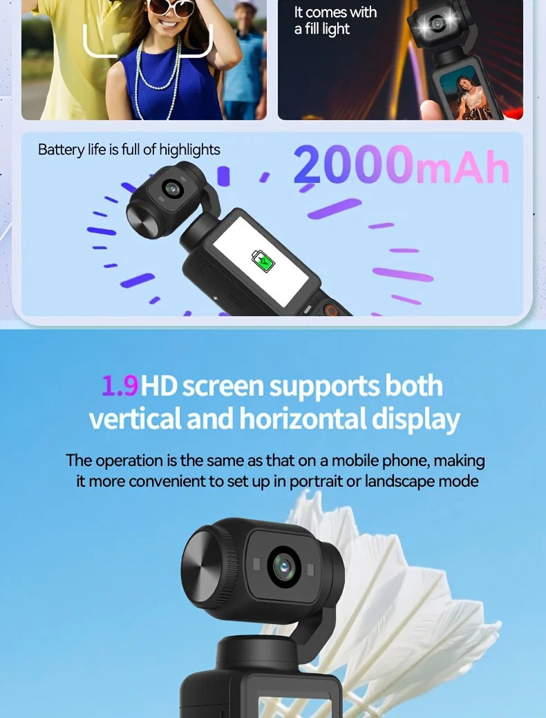 4K Portable Vlog Camera | 180° Rotatable Lens, 1.9" HD Screen, Built-in Fill Light & 2000mAh Battery — Black / White