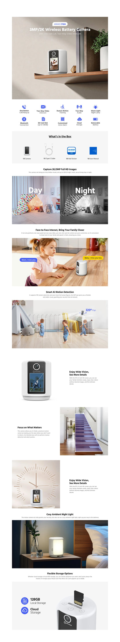 2K WiFi Indoor Security Camera with Screen | Pan & Tilt, Two-Way Video Call, Motion Detection & Night Vision