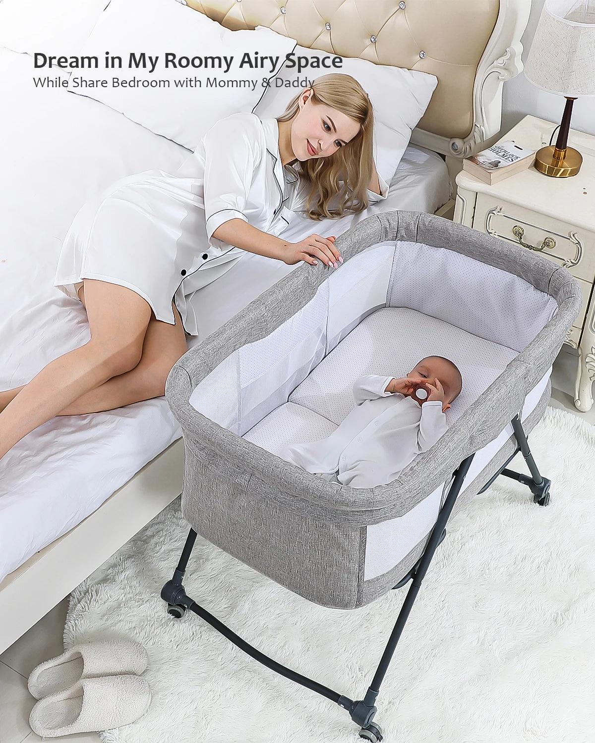 UBRAVOO Baby Grab-and-go Travel Cot with Mattress & Silent Wheels | Rocking Convertible Crib with Mesh Sides – Model