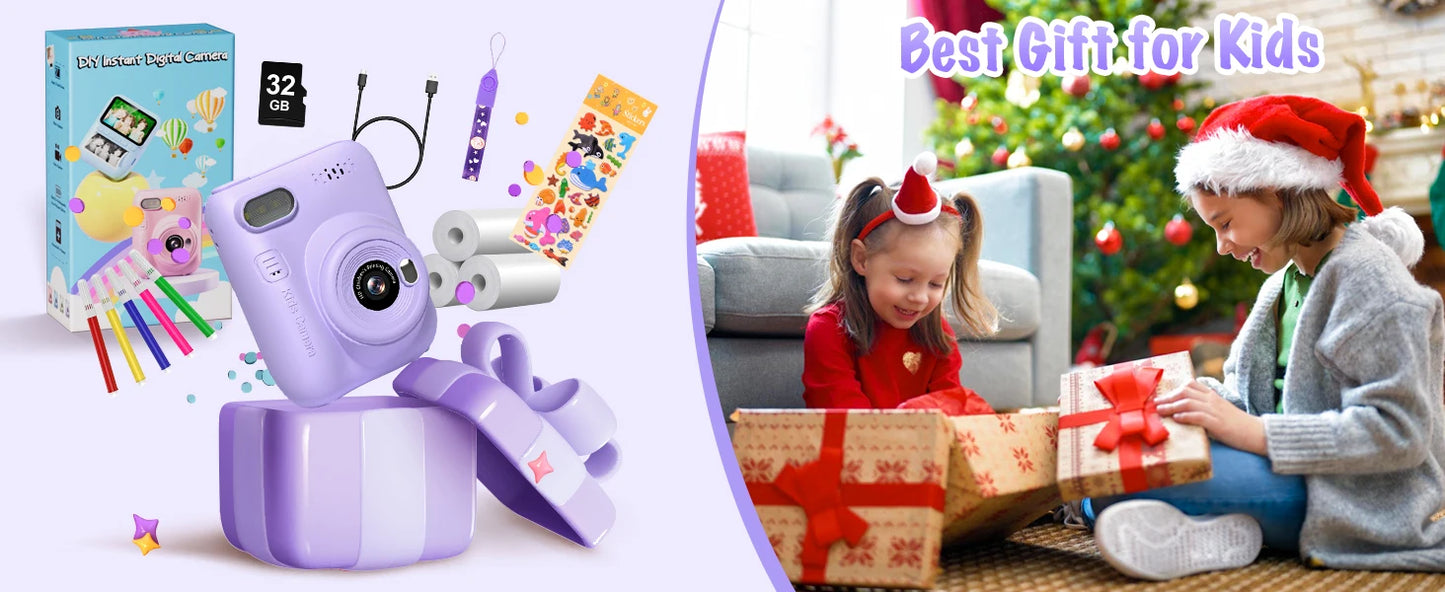 DIAMOOKY Kids Digital Camera - 32MP Instant Print Camera with 3.0 LCD Screen & Creative Kit - Perfect Gift for Ages 6-12