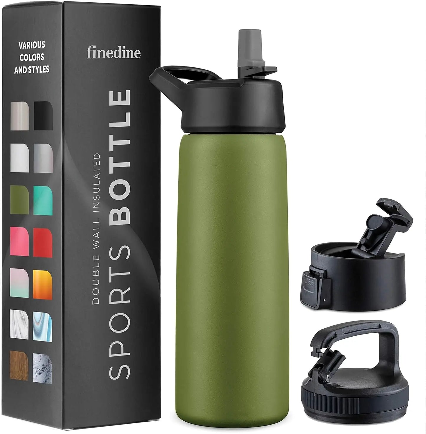 Triple Walled Insulated Water Bottles with Straw  25 Oz Stainless Steel Metal Bottle  Leak Proof Lids  Army Green
