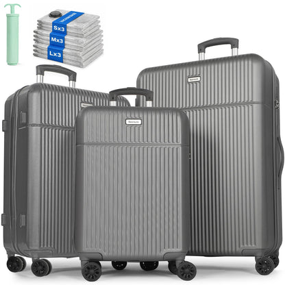 3-Piece ABS Hardshell Luggage Set | 21"+24"+28", TSA Lock, 4 Spinner Wheels, Telescopic Handle — Pink, Grey, Black, Blue or White