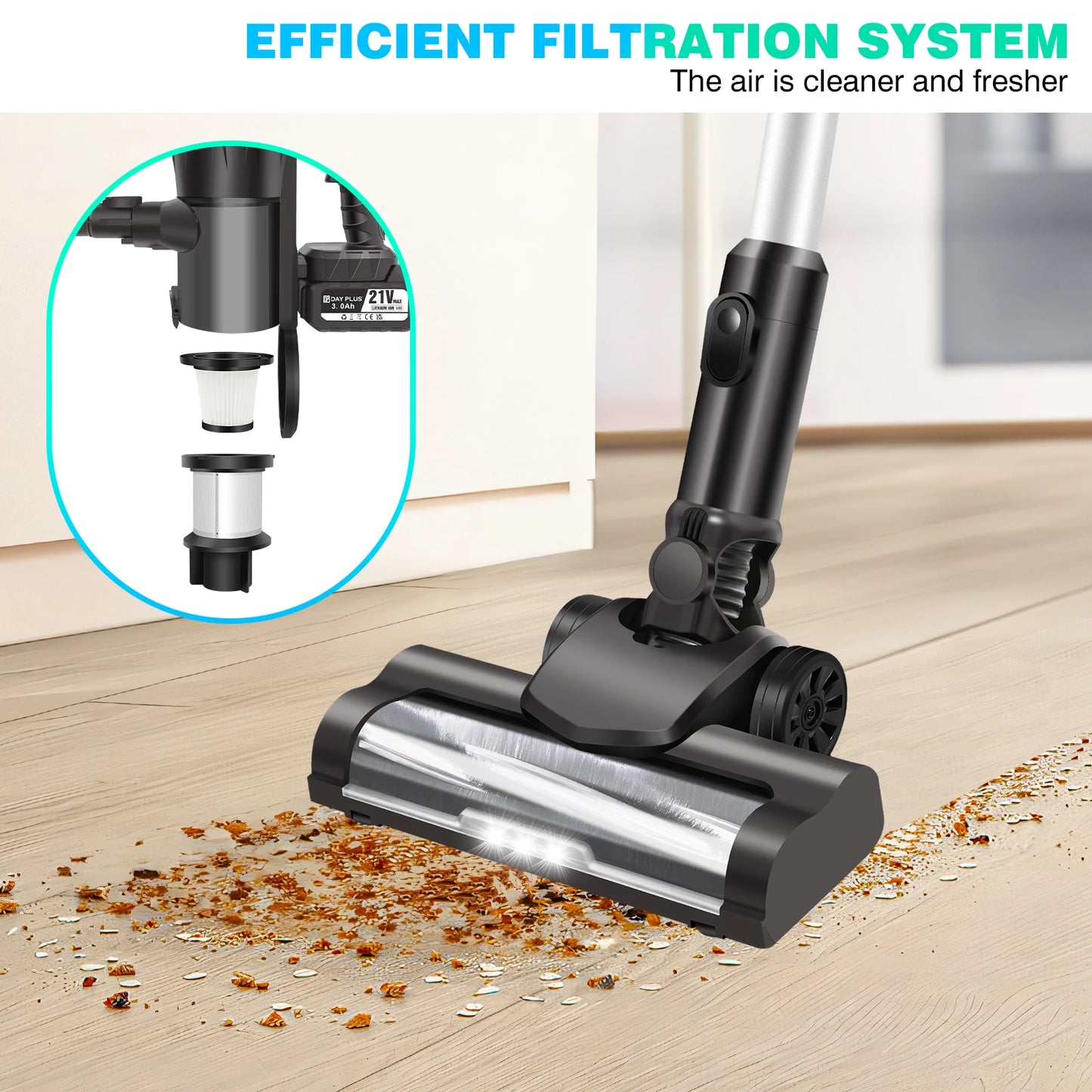 Cordless Vacuum Cleaner,Wall Hanging Stick Vacuum Cleaner 17KPA Pet Hoover Vacuum Cleaner with Tangle-Free Brush,3000mAh Battery