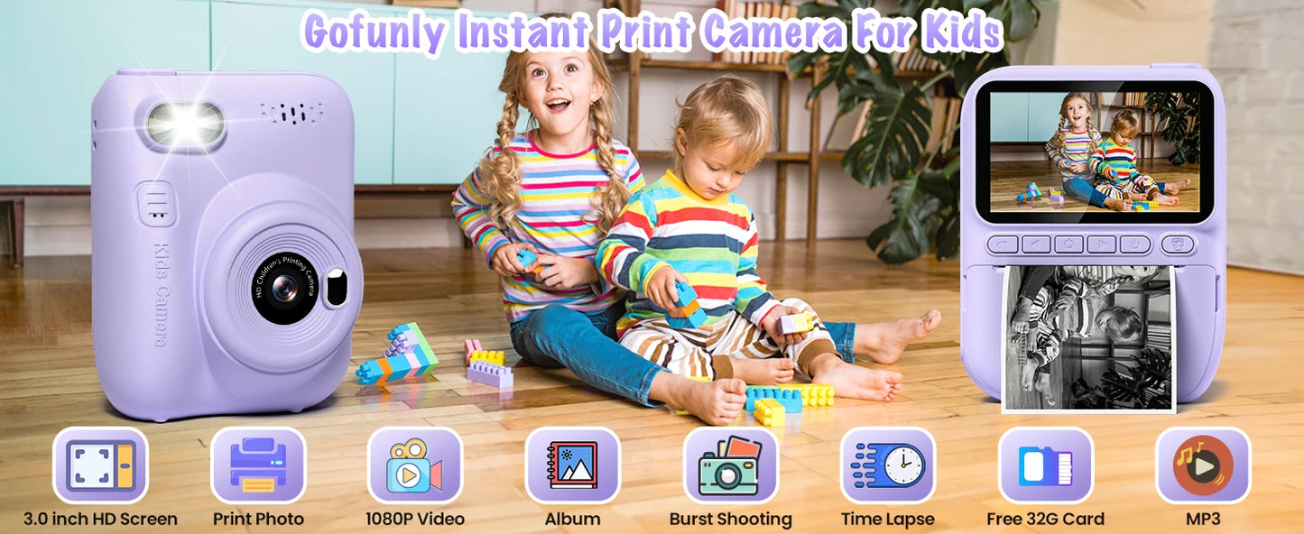 DIAMOOKY Kids Digital Camera - 32MP Instant Print Camera with 3.0 LCD Screen & Creative Kit - Perfect Gift for Ages 6-12